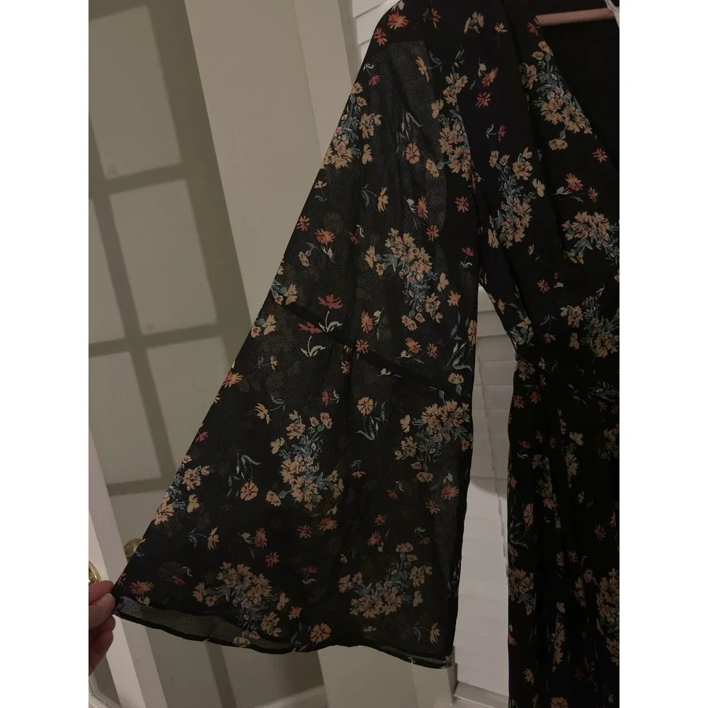Free People Black Floral Mini Dress Size Small Sheer Boho Bell Sleeve, Waist Tie